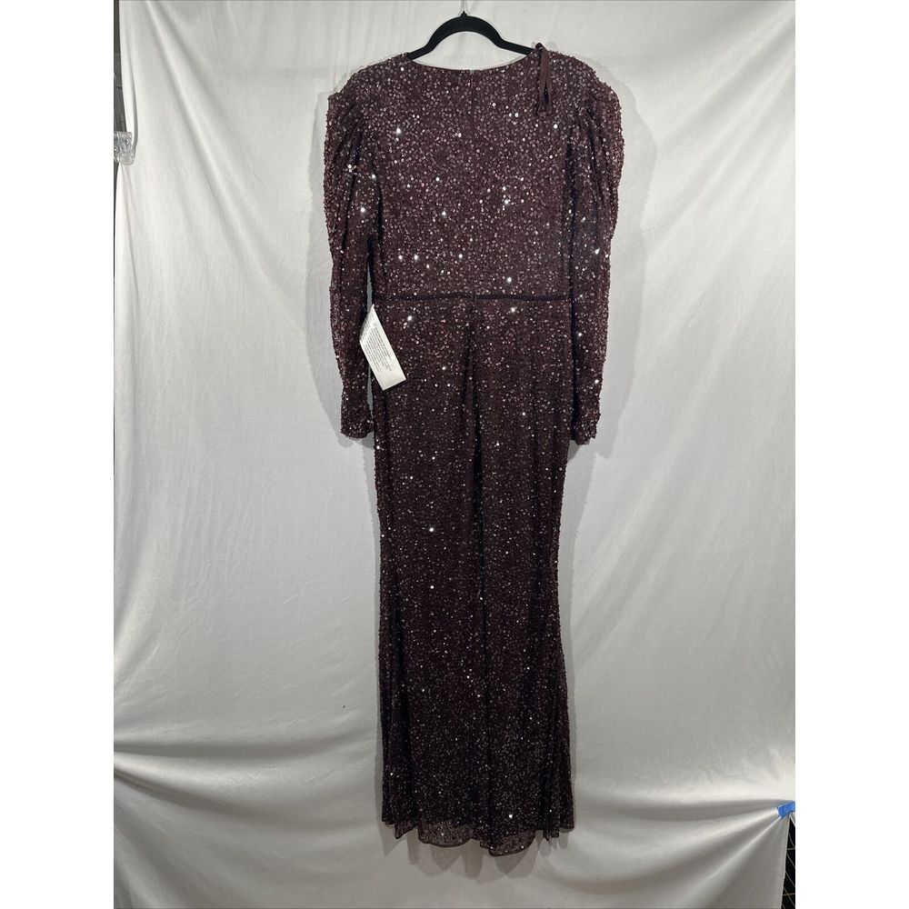 NWT Mac Duggal [ 10 ] V Neck Puff Shoulder Sequined Surplice Gown Mahogany J250‎ - Picture 13 of 15